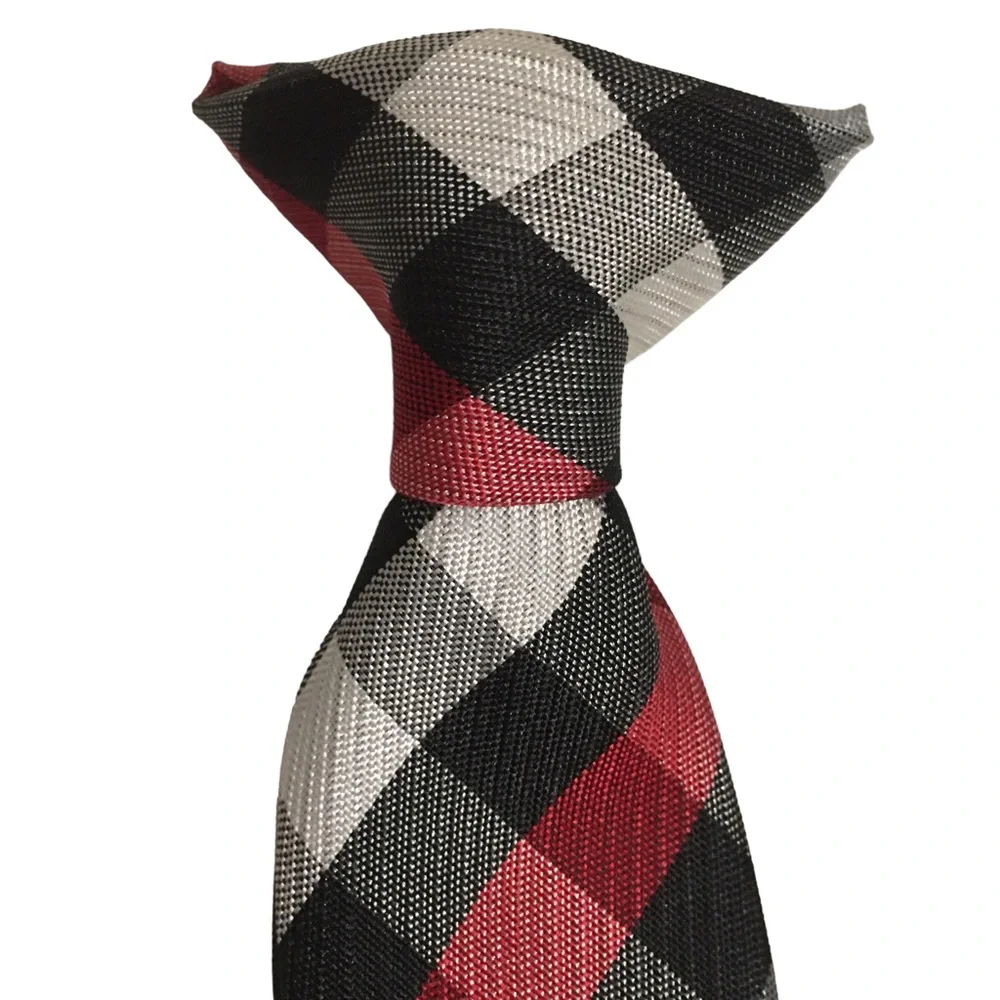 Plaid Clip on Tie Black Red White 15” Long EUC